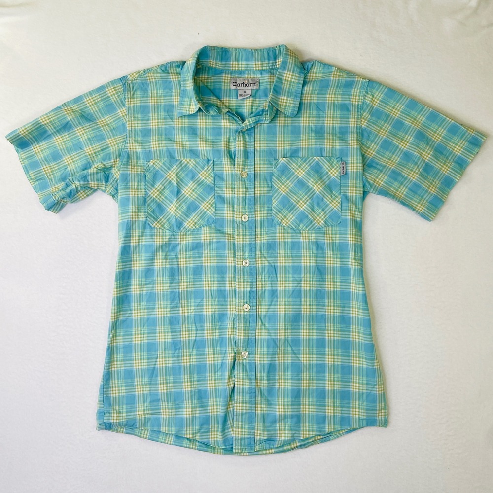 Carhartt Mens Medium Blue Green Plaid Short Sleeve Cotton Button Down Shirt